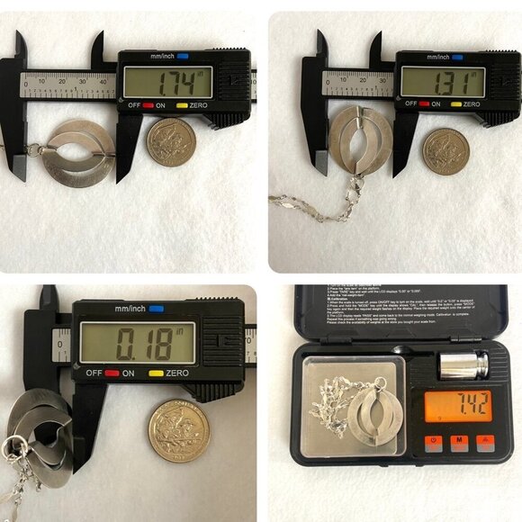 Brushed Sterling Silver 925 Double Ring Modernist Style Round Pendant Necklace - Picture 10 of 16